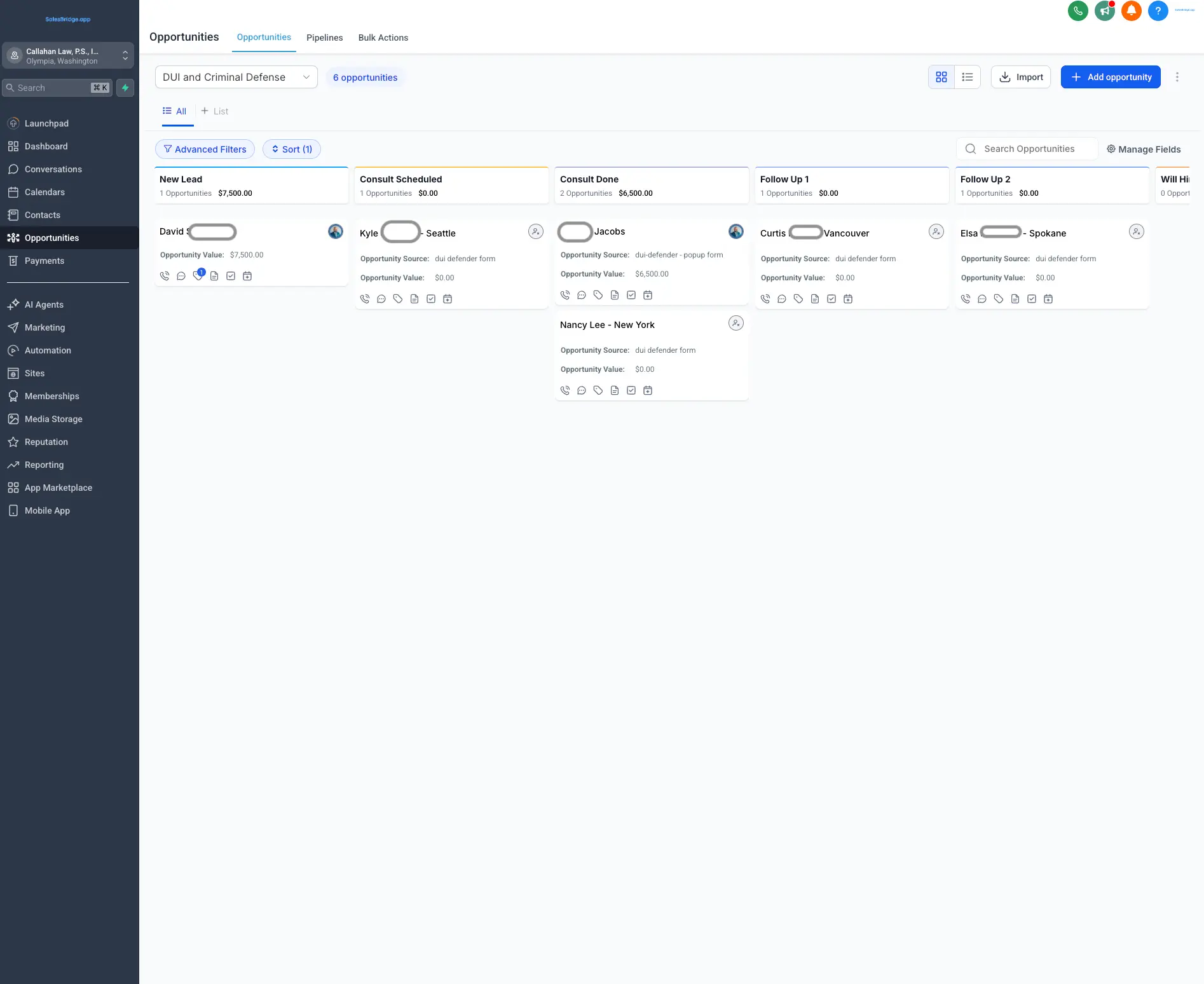 OpenClaw CRM pipeline view built by Brand75 for a small law firm — new leads, scheduled consults, and follow-ups
